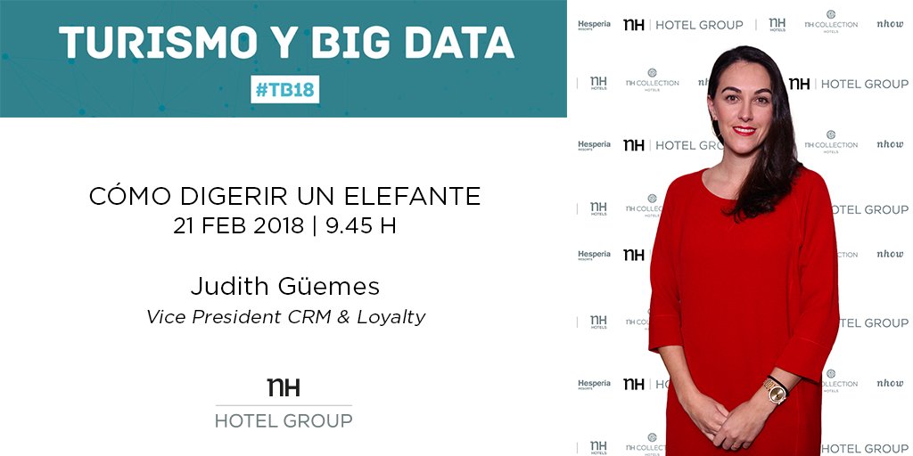 MinorHotelsEUAM's tweet photo. Judith Güemes, Vice President CRM &amp; Loyalty en NH Hotel Group, estará hoy en el evento Turismo y Big Data en Sevilla hablando sobre "Cómo digerir un Elefante" a las 9.45. Más info aquí: https://t.co/21ik4lAL1o #TB18 https://t.co/OU4SuUEzfC