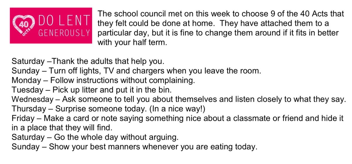 stjamesemmanuel's tweet photo. Some of the staff &amp; children @Didsburycofepta are following #40Acts during #Lent. Instead of focussing on giving things up for Lent, 40 Acts is all about doing one positive thing a day for each of the 40 days of Lent. Here are some of their lovely ideas... https://t.co/iibXUCEYUy