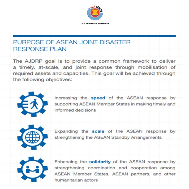 AHACentre's tweet image. There are three goals of the @ASEAN Joint Disaster Response Plan (AJDRP): increased speed, scale, and solidarity of the #ASEAN response. #AHACentre #OneASEAN #OneResponse