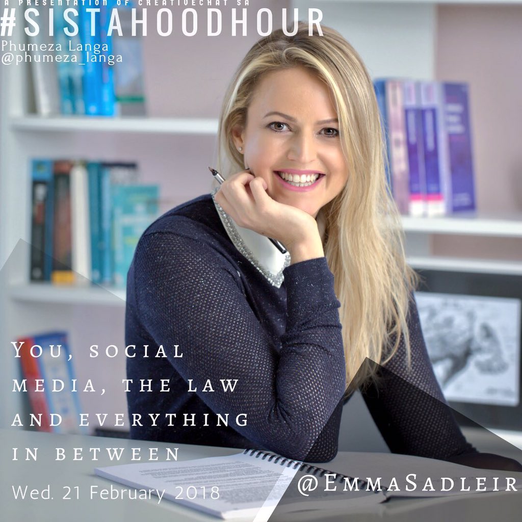 phumeza_shh's tweet photo. Today's guest on SistaHoodHour is @EmmaSadleir and we're discussing all things #SocialMedia, the law, where we all fit into it and more!
Join us at 1pm πΏπ¦CAT
#SistaHoodHour #conversations #law #empowerment #SocialMediaLaw #women #careers #CreativeChatSA https://t.co/WpLvgZXbHi