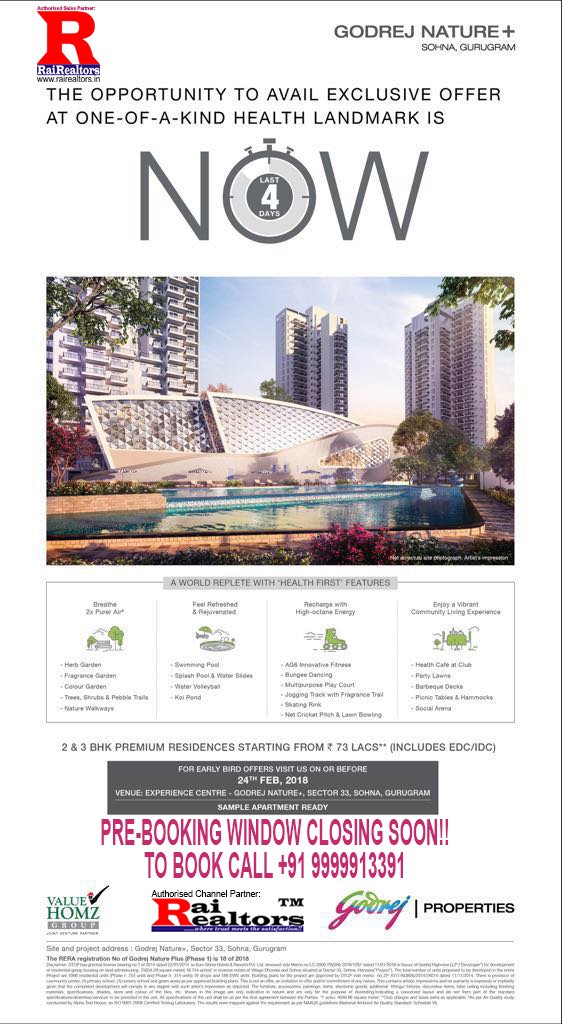 LAST 4 DAYS LEFT TO SAVE BIG at #GodrejNaturePlus #ExclusivePricing with #SubventionScheme &amp; #NoEMIScheme by #GodrejProperties for #GodrejSohna #GodrejNewProject. #BOOK #BUY WITH US ONLY  #OriginalBookingExperts #PreBooking WINDOW is closing on 24th Feb rush to  #RegisterNow.