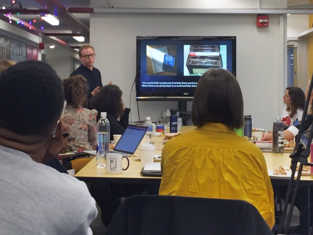 CliffAnderson's tweet photo. Here is Arnaud Colinart @coli_coli expounding on @AtlasVcorp's process for producing immersive experiences, drawing from both Hollywood and Silicon Valley methodologies--inspiring! @ArtsatMIT @opendoclab @medialab #HackingXR https://t.co/GZawA78KTZ