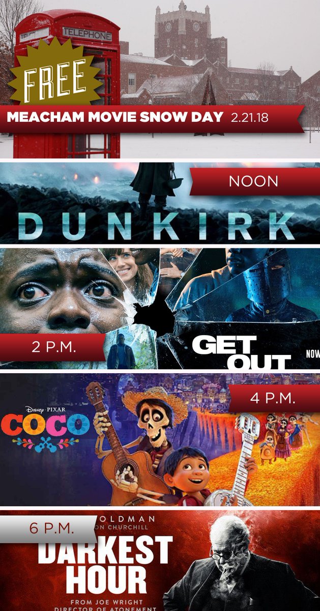 UPBou's tweet photo. Spend your day off at the Meacham Movie Marathon - Oscars Edtion.  
 
12 PM – ‘Dunkirk’
2 PM – ‘Get Out’
4 PM – ‘Coco’
6 PM – ‘Darkest Hour’

All movies are FREE and open to the public. https://t.co/y1NAkPHX88