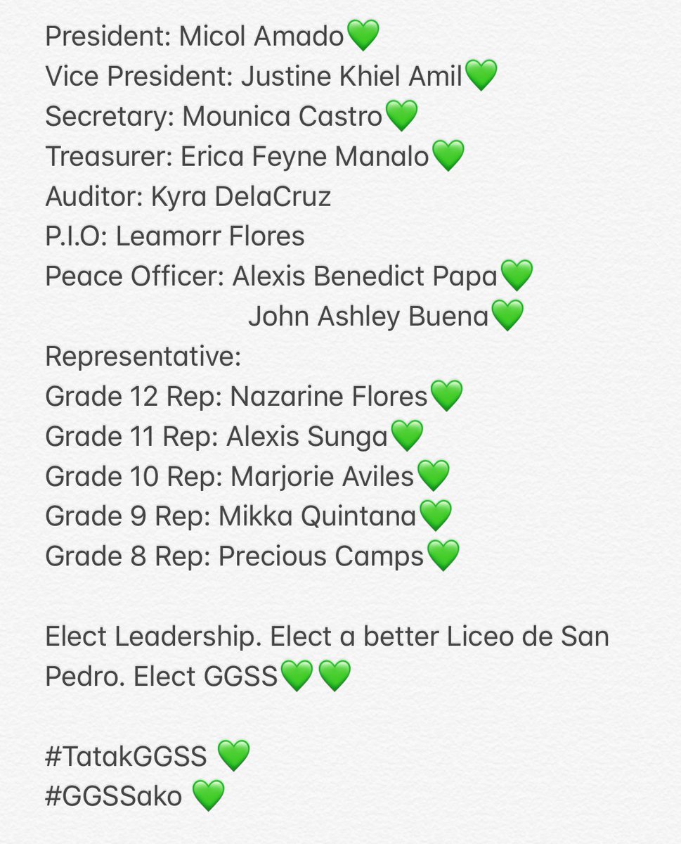 JAshley_B's tweet photo. Elect Leadership. Elect a better Liceo de San Pedro. Elect GGSS💚💚

#TatakGGSS 💚
#GGSSako 💚 https://t.co/t9uNo0tEUS