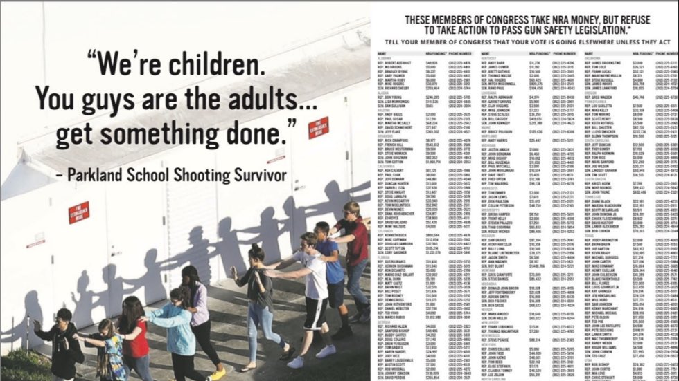 shannonrwatts's tweet photo. .@Everytown and @MomsDemand placed a two-page ad, which will run Wednesday in the @nytimes, listing the names of lawmakers, their phone numbers, and the amount of money they‘ve received from the @NRA: https://t.co/3cYhxoB4Xs

#ThrowThemOut https://t.co/CDFQYbq5Be