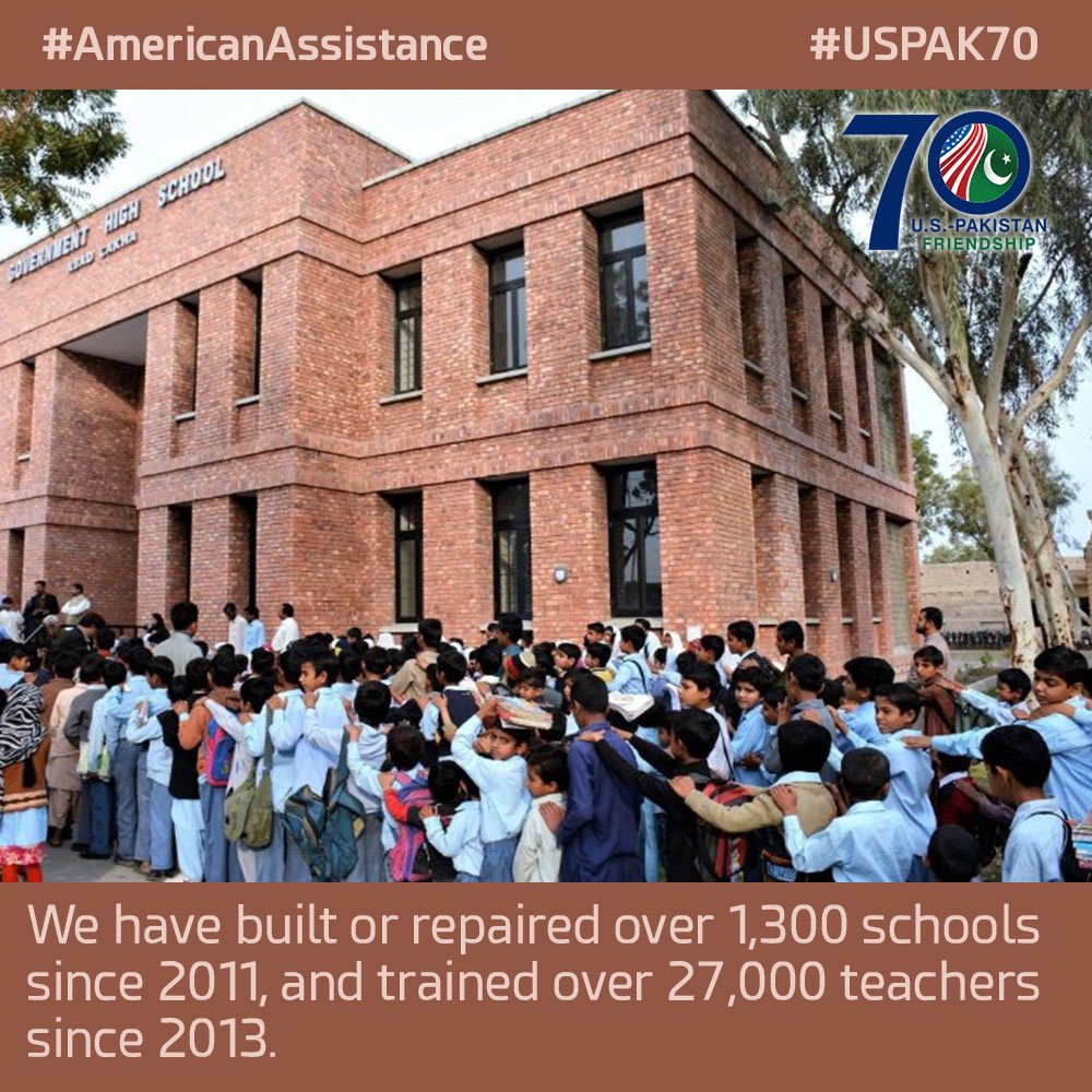 #AmericanAssistance to #Pakistani #Schools We have built and repaired over 1,300 schools since 2011, and trained over 27,000 teachers since 2013. #USPAK #USPAK70 #70Yearstogether