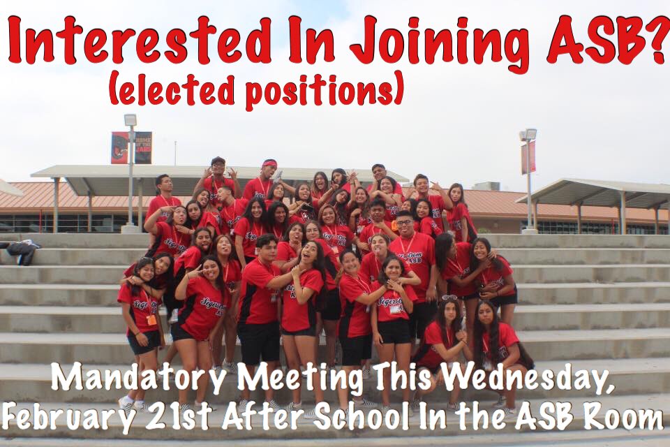 Are you interested in joining ASB? Do you want to run for a class officer position? Come to the ASB room after school tomorrow after school  for a mandatory meeting! Remember, this is only for elected positions!