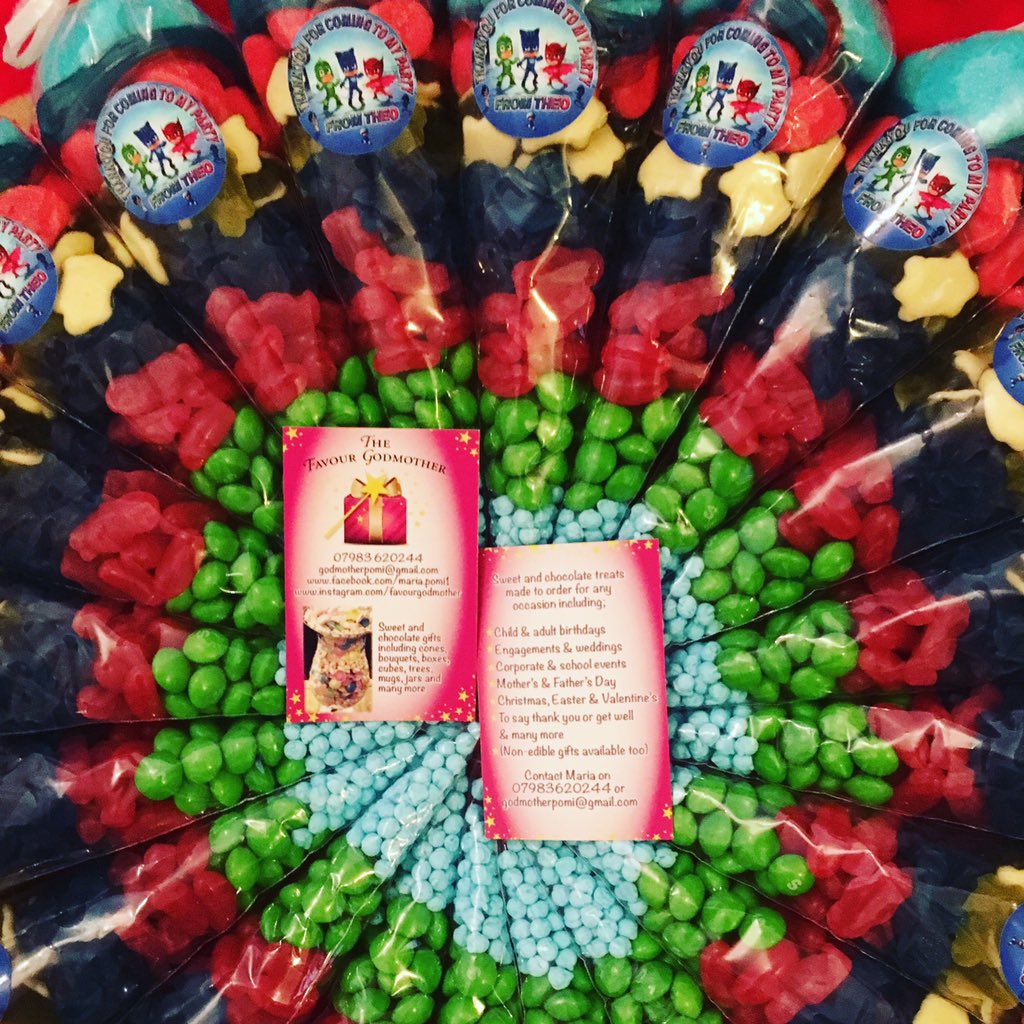 PJ Masks themed sweet treats created specially for Theo's themed birthday party using only blue, green and red sweets but still including 11 different varieties. Personalised labels and blue and white ribbon as chosen by mummy. Treats for any occasion 🎉 Contact me for yours 🎁