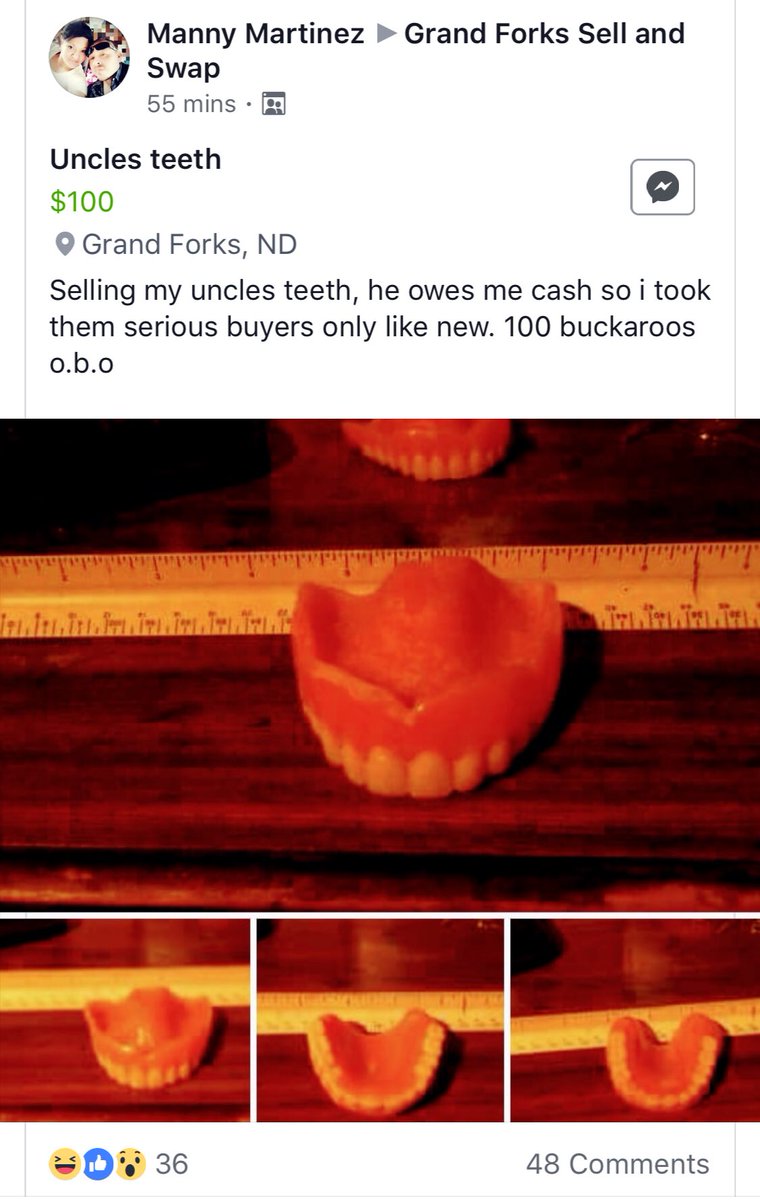 UNDPoliceDept's tweet image. We are frantically searching for the law where it says you can’t sell your uncles fake teeth on Facebook. We don’t care if they are like “new” or if he owes you money. #GiveThemBack
