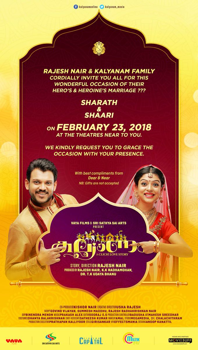 SriSathyaSaiArt's tweet photo. #RajeshNair &amp; #Kalyanam Family invite you all for this wonderful occasion of #Sharath and #Shaari marriage
meet Sharath and Shaari on #Feb23rd at your nearest theatres..
#KalyanamMovieOnFeb23rd #PrakashAlex #VarshaBollamma #RajeshNair #KKRadhamohan #DrTKUdayaBhanu https://t.co/jffUYiXfJR
