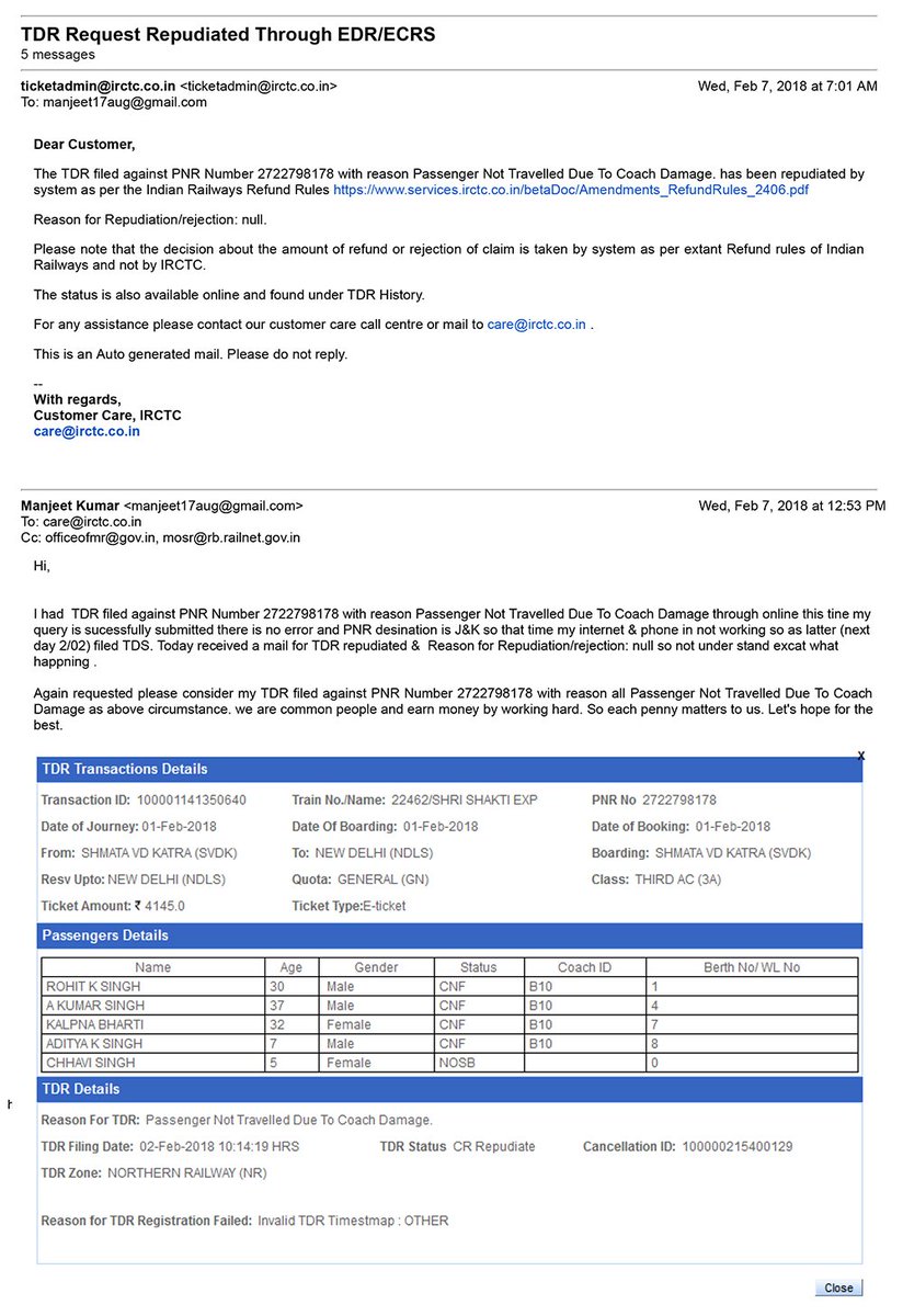 manjeet05dec's tweet image. Hi sir @PiyushGoyalOffc , 
I had TDR filed against PNR Number 2722798178 with reason Passenger Not Traveled Due To Coach Damage through online my query is successfully submitted  &amp;amp; PNR destination is J&amp;amp;K so TDR file Next day due to internet &amp;amp; phone in not working.