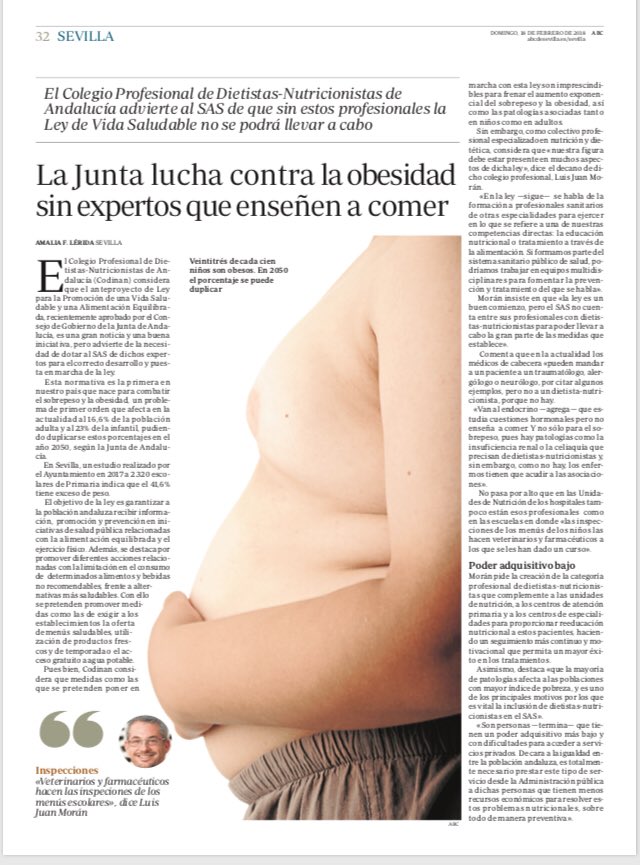 NutricionMoran's tweet photo. Entrevista publicada en ABC sobre la Ley de Vida Saludable y la falta de Dietistas-Nutricionistas en el SAS
@saludand @abc_es #leysaludable #sanidaddesnutrida https://t.co/UUnnCTLoBF