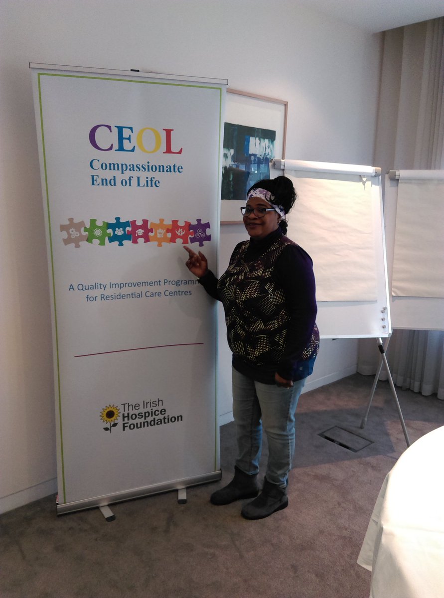 Getting set up for CEOL Network meeting today, enhancing end if life in residential care centres. Adedayo from Meath Community Unit.