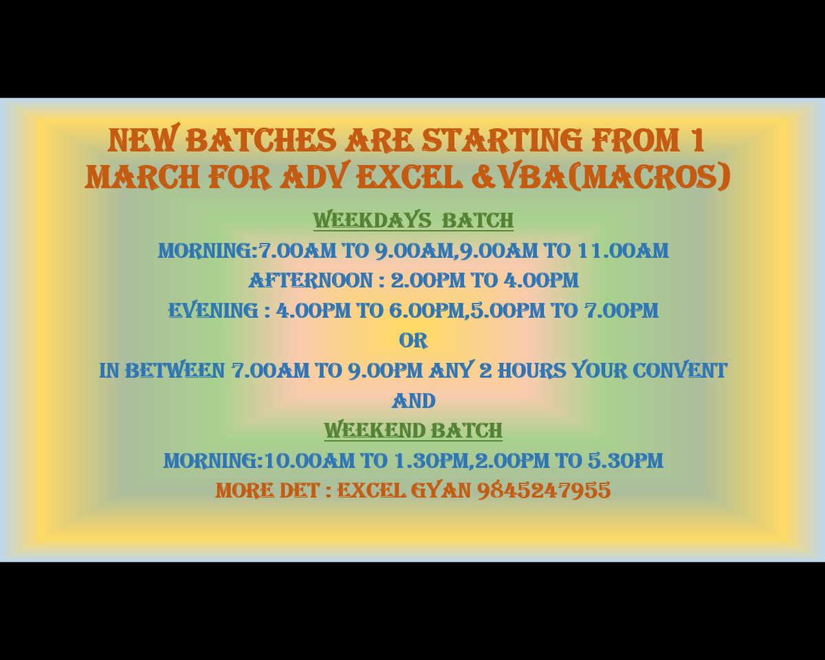 excel_gyan123's tweet image. Hi
walk-in demo 
Excel Gyan #13,venkatappa building,2nd flr,opp.Emid&apos;s near bommanahalli Busstop,9845247955,080412379551
Ref your: Friend &amp;amp; colleagues