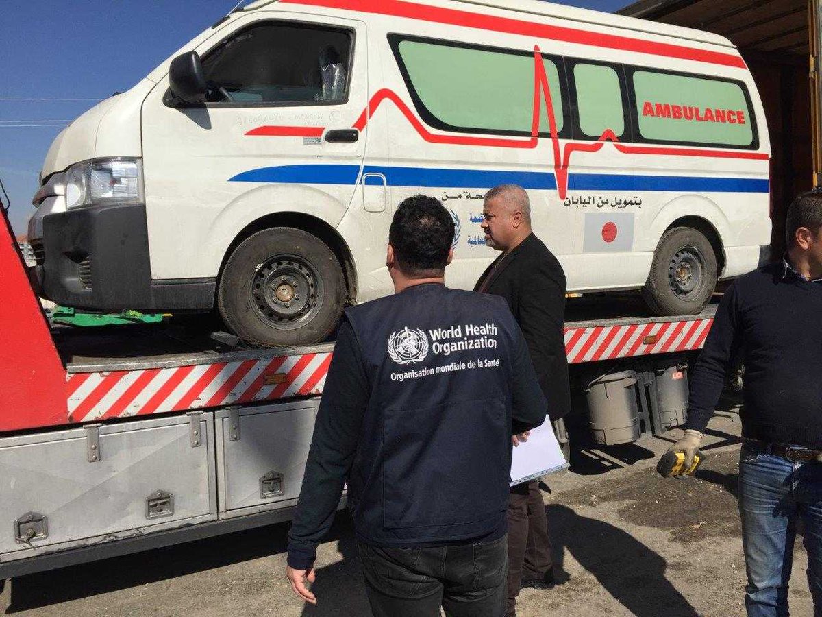WHOEMRO's tweet photo. More ambulances = swift reach of healthcare in #Iraq. Contribution from the people of #Japan enabled @who to hand over 5 ambulances to health authorities in Erbil, Duhok, Suleimaniya yesterday. @mofaJapan_en #healthyIraq https://t.co/JeeEdUZUeB