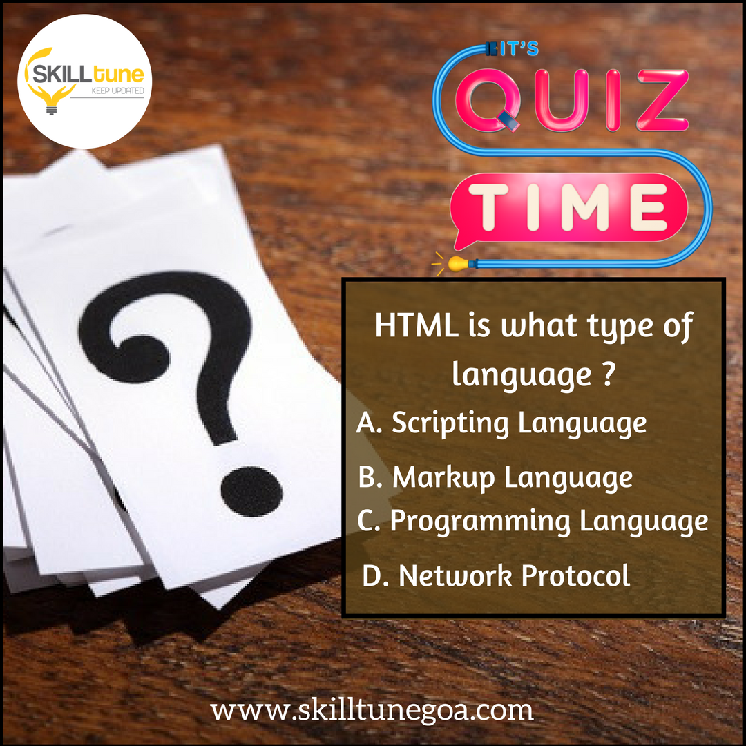 skilltunegoa's tweet photo. It’s Quiz Time!!!!!
HTML is what type of language?

#skilltune #php #phptraining #html #css3 #javascript #digitalmarketing #digitalmarketingtraning #searchengineoptimization #socialmediamarketing #digitalindia #digitalgoa

For more details visit us at https://t.co/xJybSEvYHP https://t.co/gU9JNUdTV8