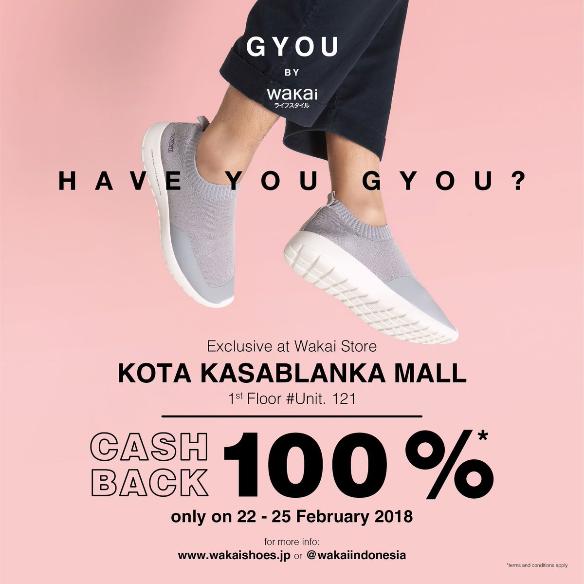 wakaiindonesia's tweet photo. Have You GYOU?
Feel the GYOU experience exclusively at Wakai Store Kota Kasablanka Mall 1st floor unit 121, and get a chance to get 100% cashback limited only for 100 customer per day, from 22 - 25 February 2018
#wakai #cheerforlife #HaveYouGYOU https://t.co/gZtnl4MeWR