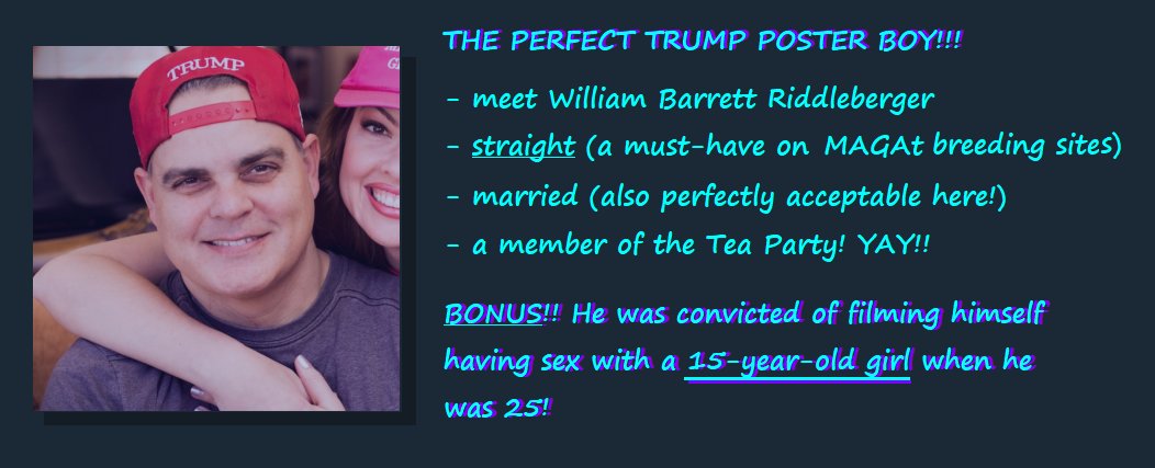 RSNightwatch's tweet photo. Oh but we must protect our children from those (((whisper!))) "cross-dressers" in the bathroom!
You really can't make this shit up.
Scary part: The MAGAts want to BREED. A lot, apparently.
#TrumpDating #MAGAts #WilliamBarrettRiddleberger
https://t.co/paMH7jOrmN https://t.co/hQpae10daG