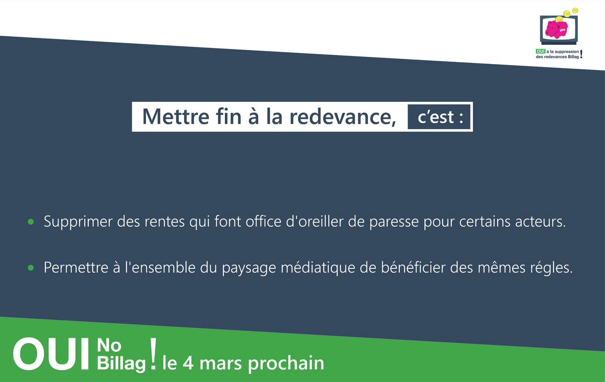 Pour accompagner la migration du contenu médiatique vers le online, il faut mettre un terme à la concurrence déloyale liée à la redevance. 

Les mêmes règles pour tous ! 

#NoBillag