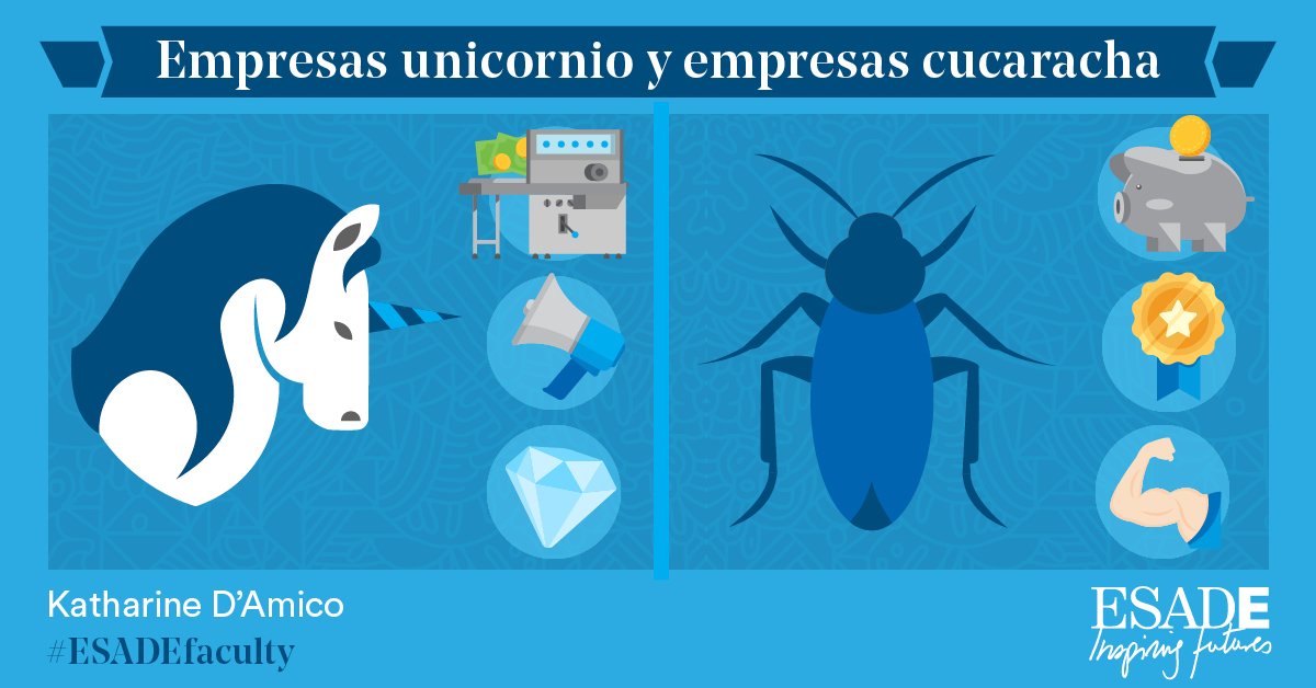Esade's tweet photo. ¿Qué es mejor, crear una empresa 'unicornio' o crear una empresa 'cucaracha'? Despeja la duda a los #emprendedores la #ESADEfaculty Katharine D’Amico en #Idearium de @CincoDiascom: https://t.co/Fy9YII3gKS https://t.co/s7OKkGih4Q