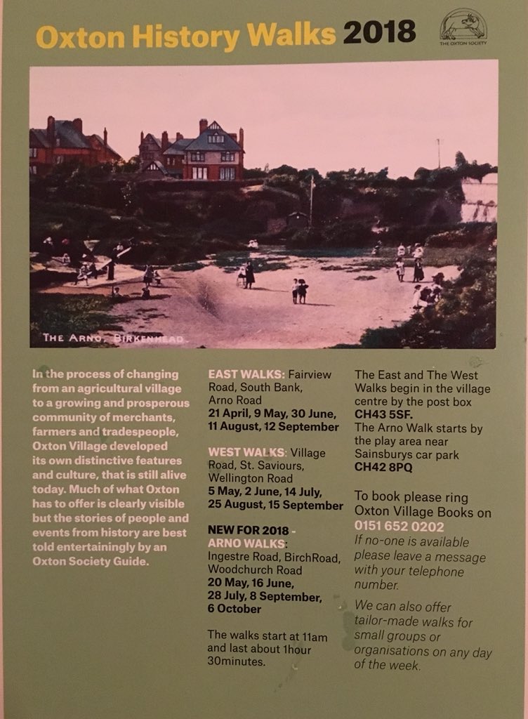 The OXTON HISTORY walks for 2018. Dates and booking info below. Join a new walk: The Arno. <a href="/Visit_Wirral/">Visit Wirral</a> <a href="/BirkenheadPark1/">Birkenhead Park</a>   For more information oxtonsociety.org.uk