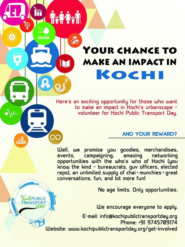 DayForKochi's tweet photo. Volunteer for Kochi Public Transport Day
#volunteer #KochiPublicTransportDay #Kochi #Kerala #mybitforkochi #Opportunity #Research #LearningOpportunity #BeTheChange #initative #ChangeMakers #volunteering #MakeADifference #makingkochibetter #careerforacause https://t.co/5fLlpyTU8k