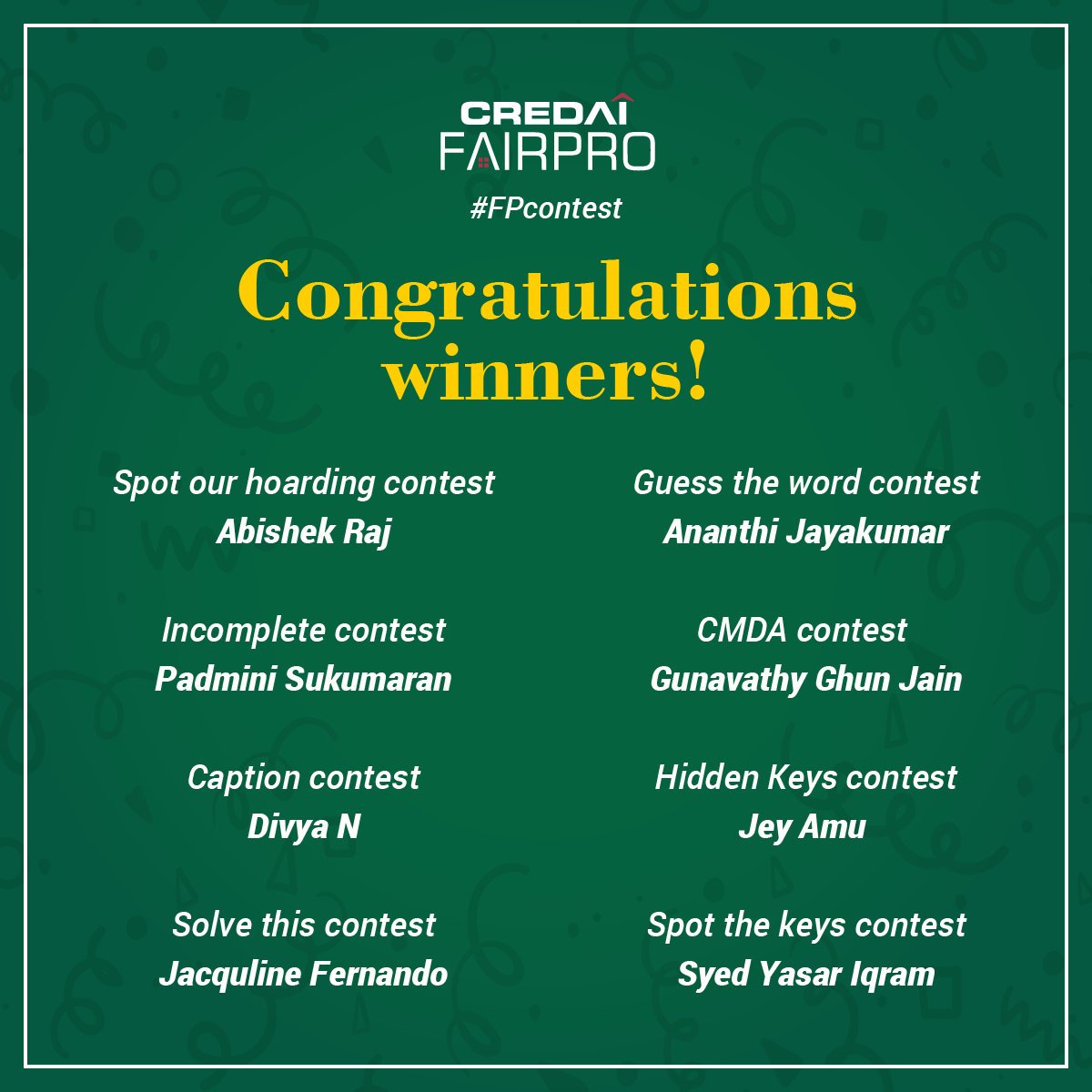 credaichennai's tweet photo. *CONTESTS RESULT ANNOUNCEMENT*
Here are the list of winners!
We thank everyone for your active participation in our #FPcontest.
Congratulations Winners!
PS: The winners shall collect their gift vouchers at the venue on 24th and 25th of February. https://t.co/7vmwXqjNpq