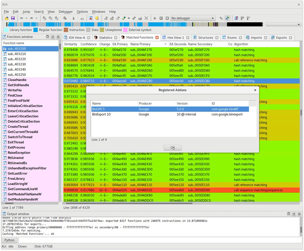 AdmVonSchneider's tweet image. Making some progress with #BinDiff for IDA 7. Still lots of stuff to do, though.