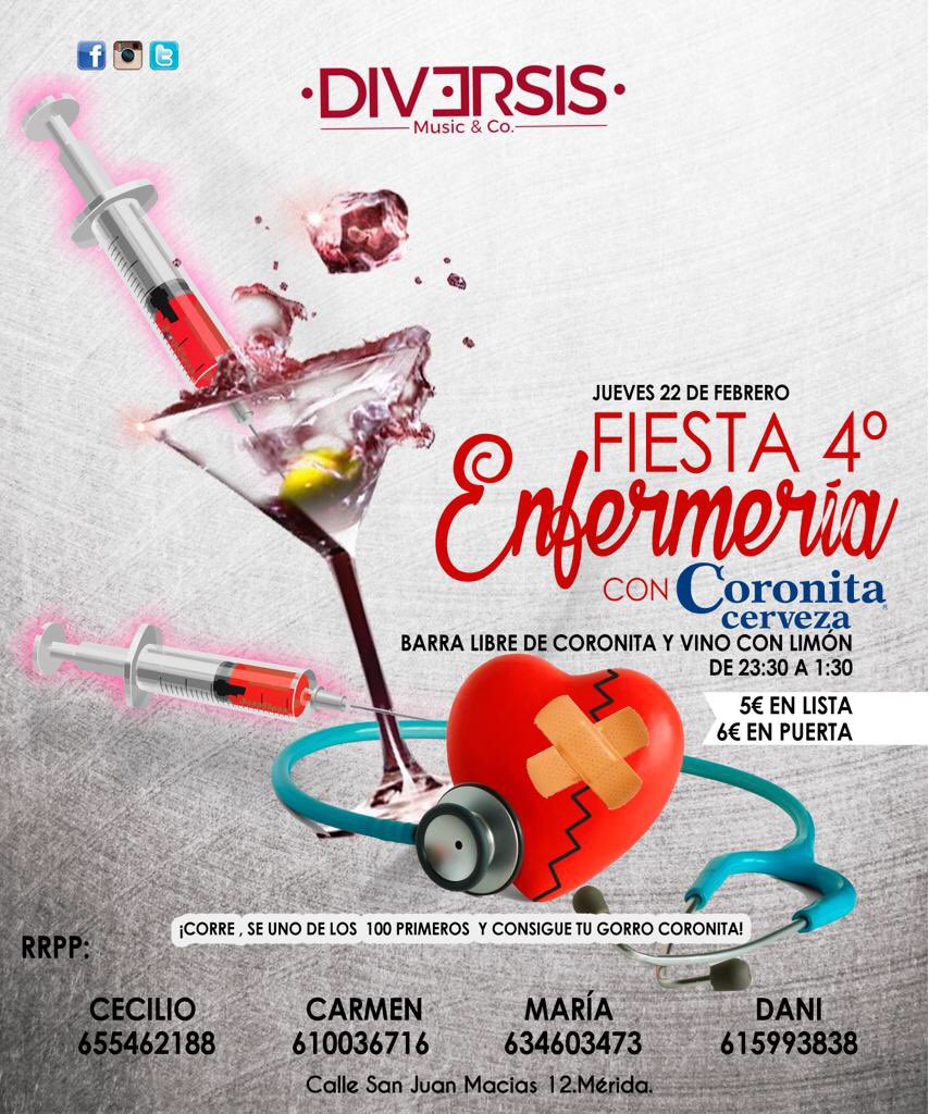 👨‍⚕ *FIESTA DE ENFERMERÍA* 👩‍⚕

💉Barra libre de CORONITA
💉Barra libre de vino con limón
💉Gorros para los 100 primeros

*¡¡Esto y mucho más para que disfrutes de los JUEVES en DIVERSIS!!*