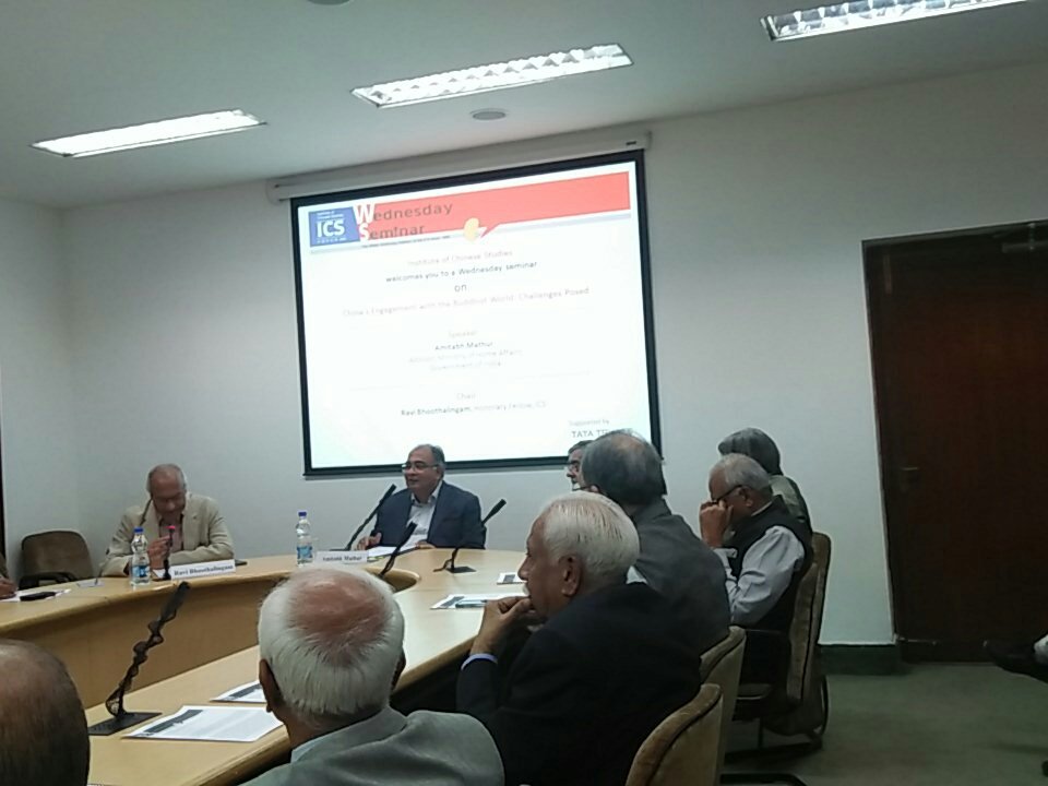 TsheringB's tweet photo. @ics_delhi #ICSWedSem on 'China's Engagement with the Buddhist World : Challenges Posed' by Amitabh Mathur, Advisor, MHA, GoI. Also responsible for Tibetan Affairs. https://t.co/enzaO1B7HT