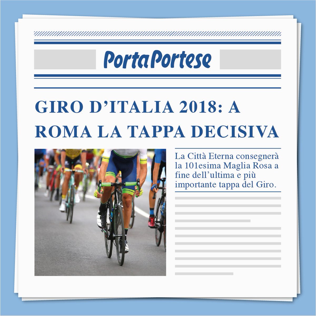 📰 Flash News: “A Roma per l'ultima corsa.”📰
Si concluderà all'ombra del Colosseo l'edizione 2018 del Giro d'Italia. Da Trinità dei Monti a Largo delle Terme di Caracalla Roma a ospiterà il 27 maggio la 21esima e ultima tappa del Giro. 
Tutte le info su giroditalia.it