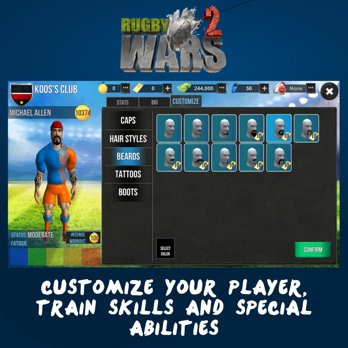 RugbyWarsGame's tweet photo. Head to the Player Screen of the game. This is where you can see what a player looks like, customize him, train skills, and buy supplements to use for the next match. At the top left you can see the player’s name and available training points. 
https://t.co/Llbnlv2VmW https://t.co/j7oE7GTNqt