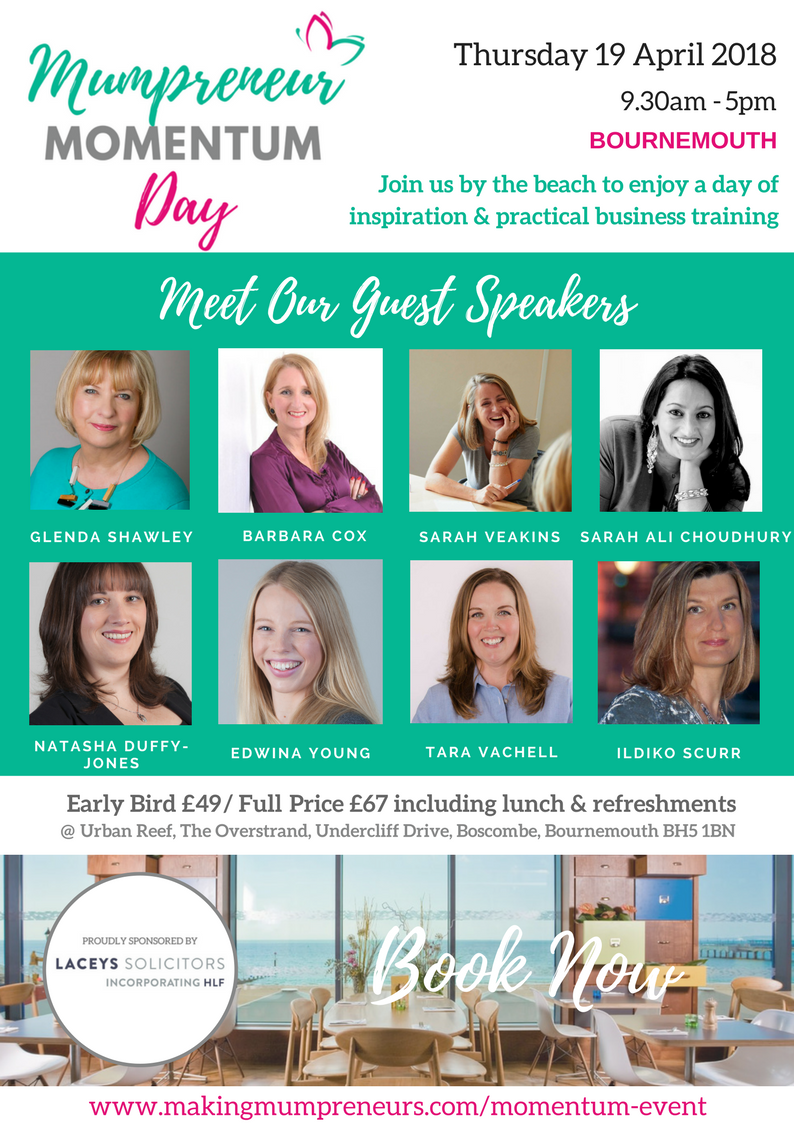 lifefriendlybiz's tweet photo. Tickets now on sale for the Mumpreneur Momentum Day in #Bournemouth on 19 April!! Feat. @NutriBarbara @Glenda_S @saraheasycurry @GetSetEDorset @liferetuning. Kindly sponsored by @Laceyssolicitor taking place at @theurbanreef https://t.co/ypMJQ2Y6Bh #mumsinbusiness https://t.co/00H9YEmKB6