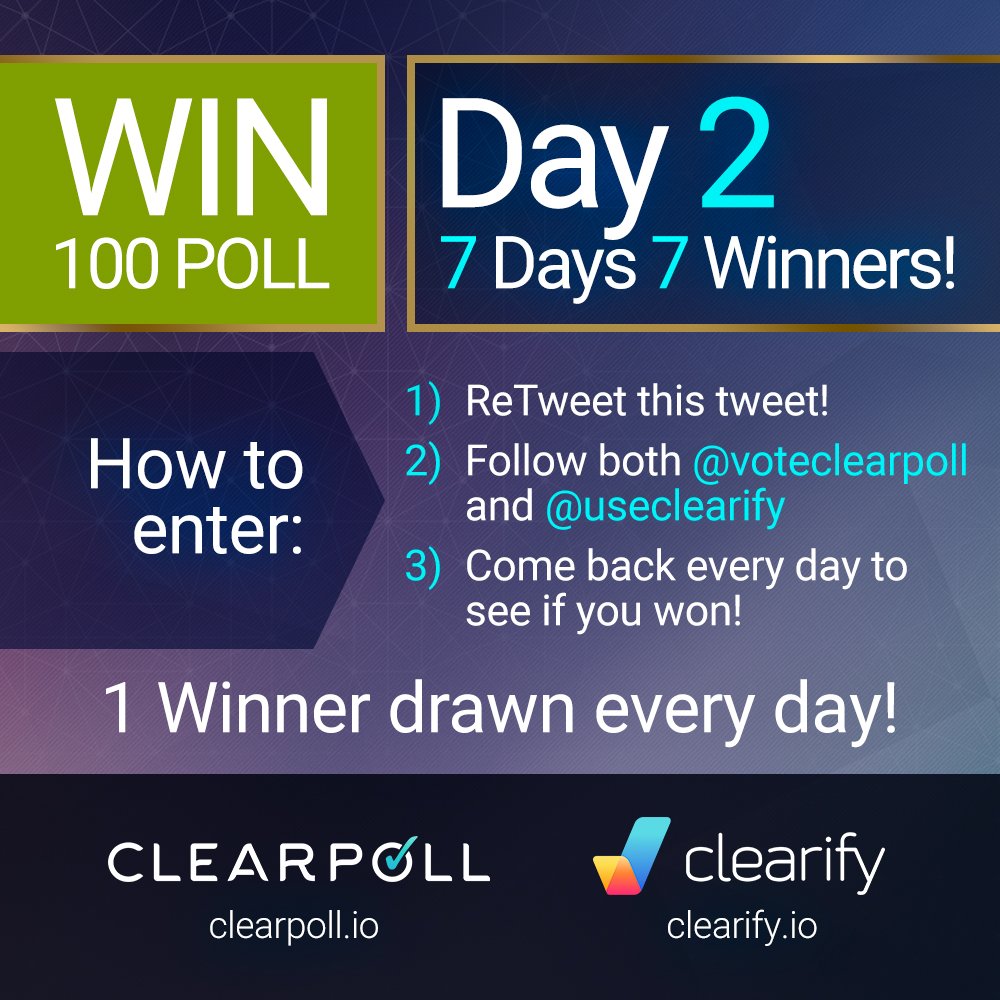 voteclearpoll's tweet photo. 🌟 DAY 2 COMPETITION 🌟 7 DAYS - 7 WINNERS WIN 100 POLL

#ClearPoll &amp; #Clearify, 2 projects using 1 crytpo token - #POLL - Available at Kucoin, Cryptopia, HitBTC &amp; EtherDelta.

Follow both projects @voteclearpoll &amp; @useclearify + retweet this tweet today to enter to win 100 $POLL https://t.co/YAHEsAgXCz