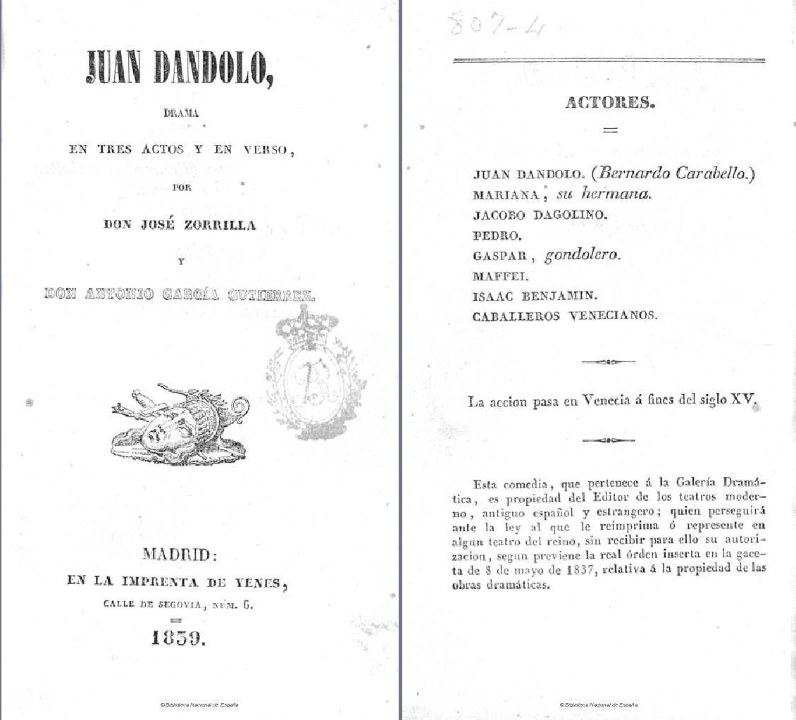 Su primera obra dramática, en colaboración con Antonio García Gutiérrez, es Juan Dándolo (1839) bdh-rd.bne.es/viewer.vm?id=0…