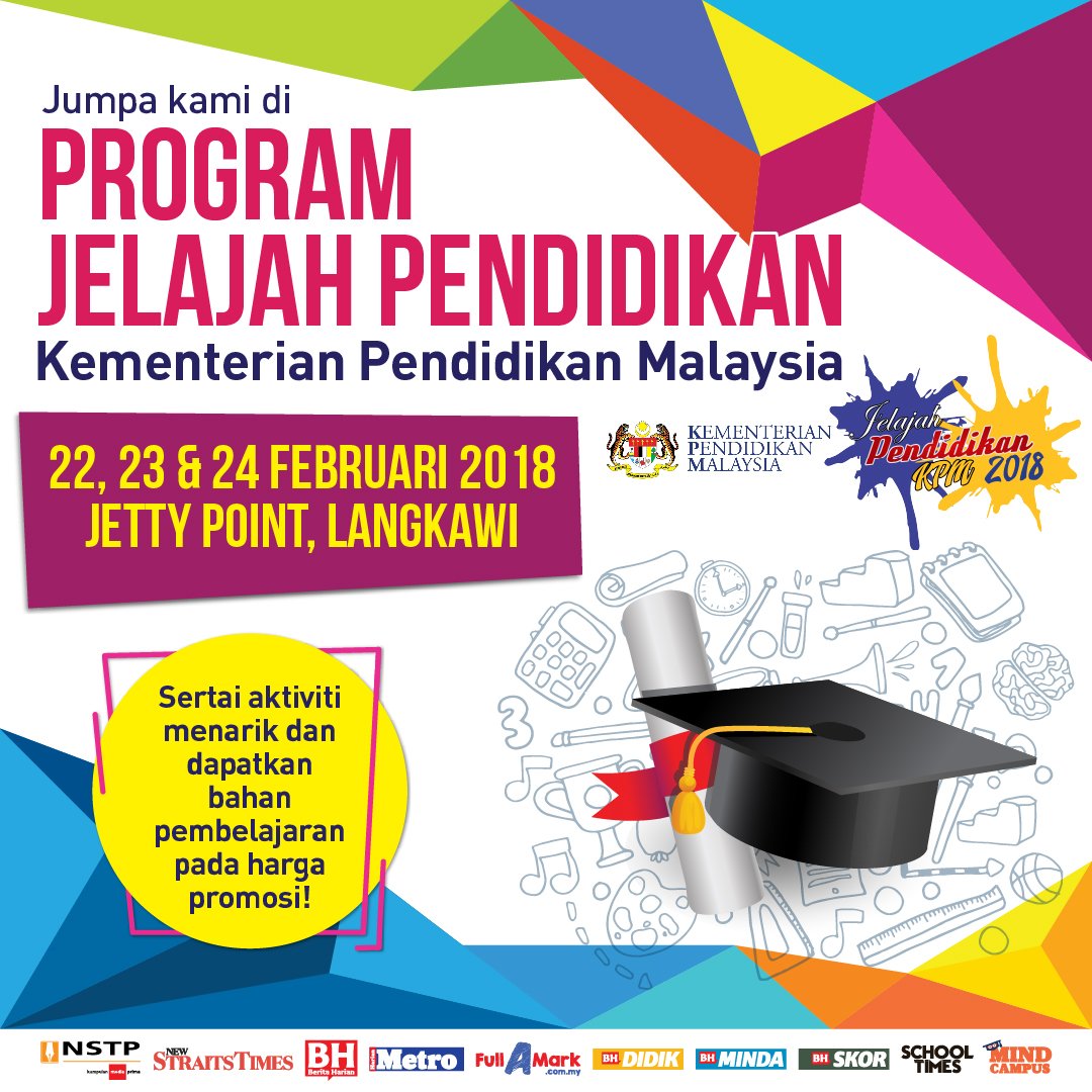 hmetromy's tweet photo. Jom jumpa kami di Program Jelajah Pendidikan 2018 Kementerian Pendidikan Malaysia pada 22-24 Feb 2018 di Jetty Point, Langkawi. Sertai aktiviti menarik dan dapatkan bahan pembelajaran pada harga promosi.
#pendidikan #fullamark #KPM #jettypoint #programjelajahpendidikan2018 https://t.co/0bFxKoUDB8
