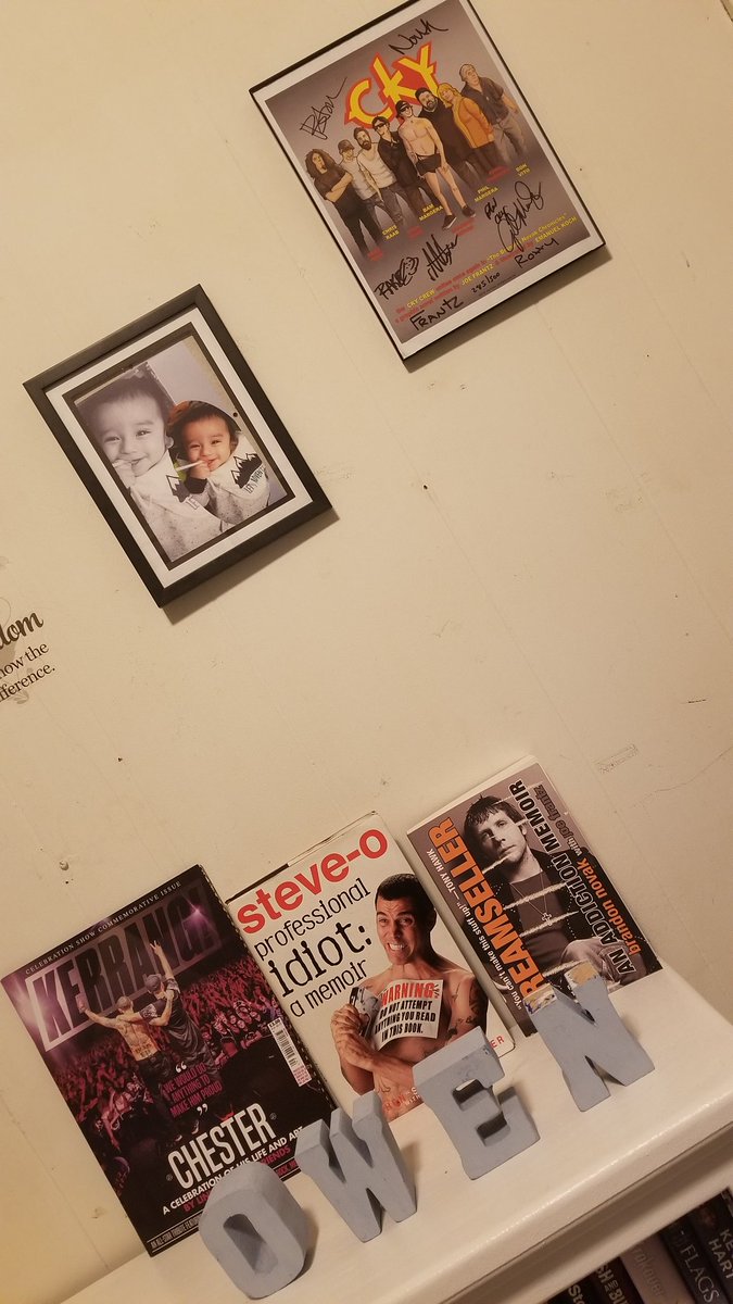 yeahdude9911's tweet photo. My 2 favorite pictures above my bed, my son Owen and the cky crew autograph picture I picked up to support #brandonnovak & #joefrantzrules coming up on 4 months sober. These pictures mean so much to me. Keep up the great work brandon, joe and steveo!! https://t.co/1vLux6tLnc
