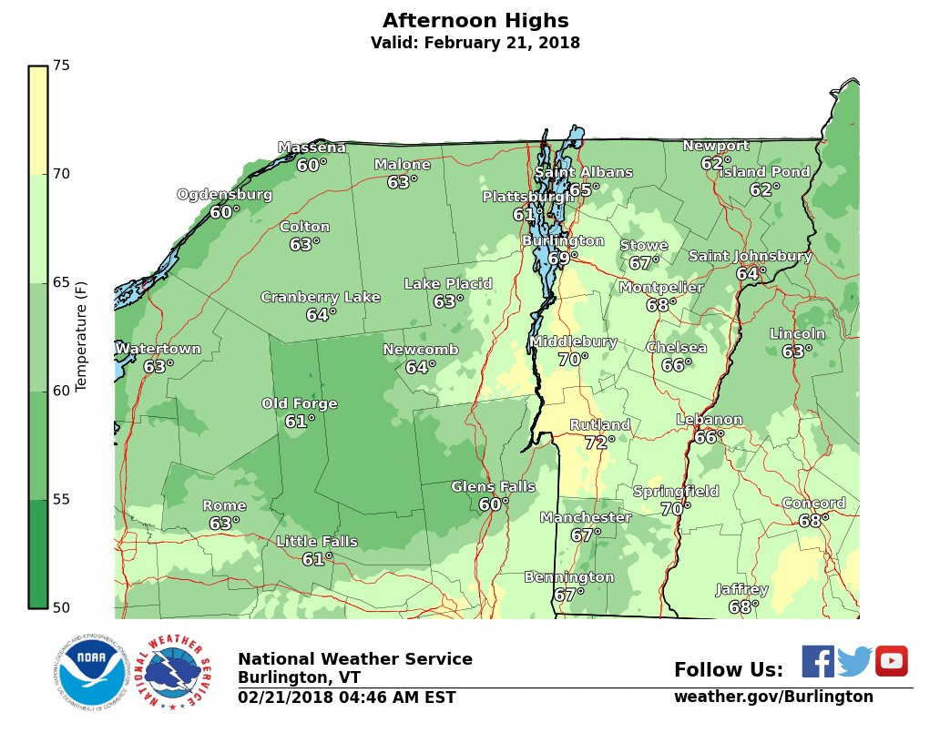 NWSBurlington's tweet photo. Flood Watch continues.  Record warmth is causing rapid snow melt and river ice breakup. The threat for flooding continues across the region through this evening.  We set a new record of 59 in Burlington VT yesterday and already broke today's record (59) with 61 and still rising. https://t.co/eeMOLTMlis