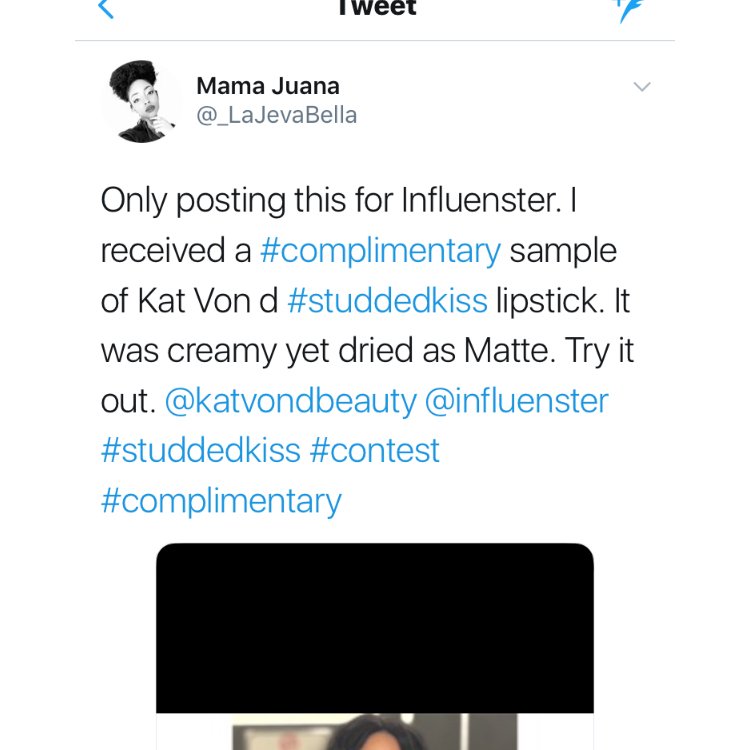 _LaJevaBella's tweet photo. @katvondbeauty @influenster #studdedkiss #contest #complimentary https://t.co/ns2Gi4DKed