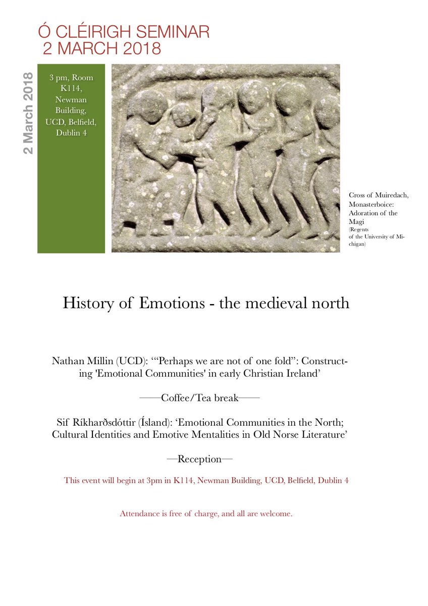 Some advance notice of a special seminar on the history of emotions in the medieval north on 2 March 2018 at 3pm in <a href="/ucddublin/">University College Dublin</a> Please RT