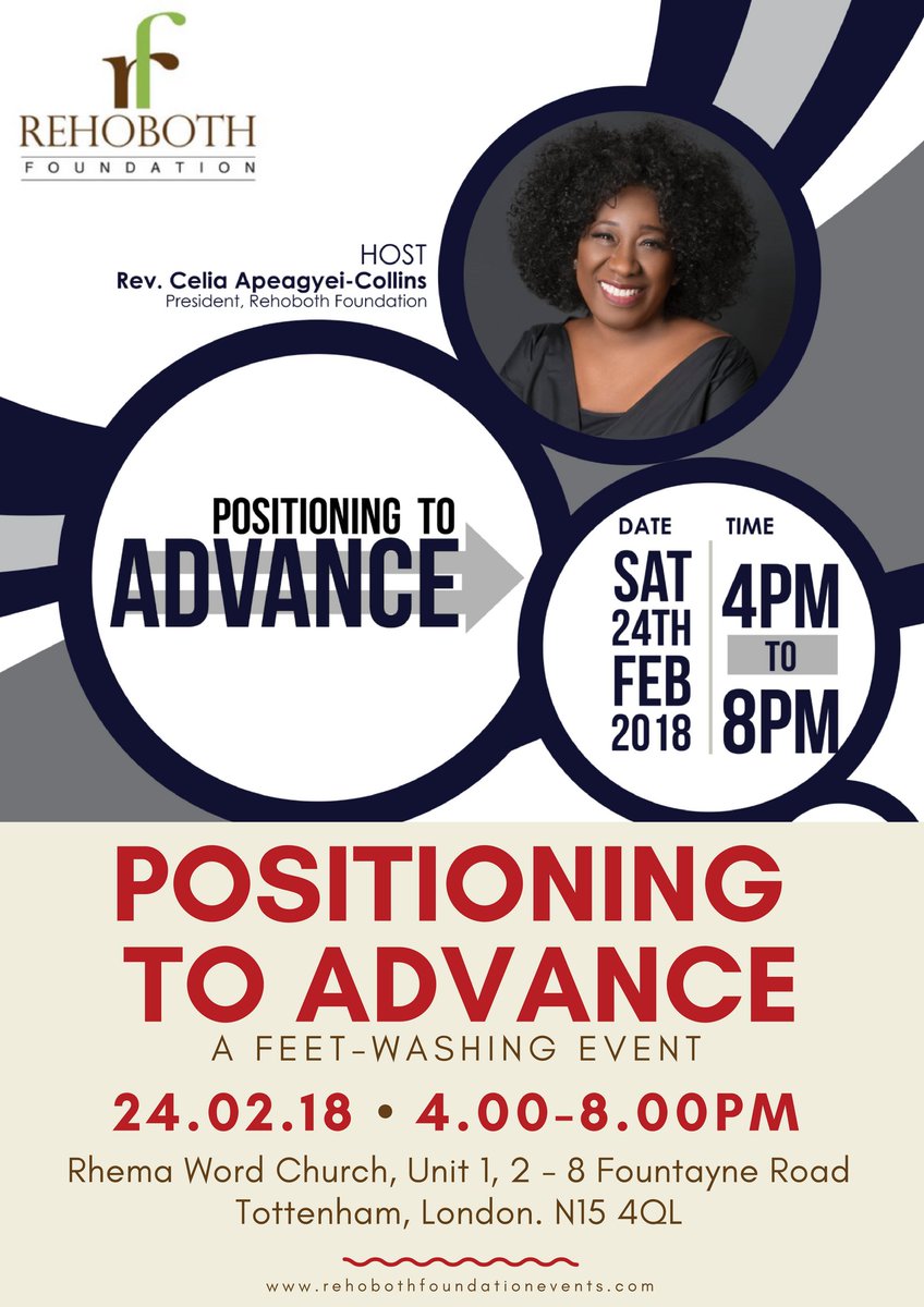 Do you understand what prophetic feet washing is? Do you want to experience this? Please attend the Positioning to ADVANCE event on the 24th February, 2018. Details at rehobothfoundationevents.com Be there...