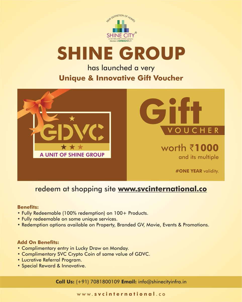 GDVC_ShineGroup's tweet photo. #Shine #Group has #Launched a
Very #Unique And #Innovative #Gift_Vouchers named
GDVC - Shine Group
(A unit of Shine Group)
of its #Shopping #Portal https://t.co/LEMcG0SDOr
#SVC #International.
Price: Rs 1000/- and multiple Validity: 1 Year https://t.co/fIqHpOy8G1