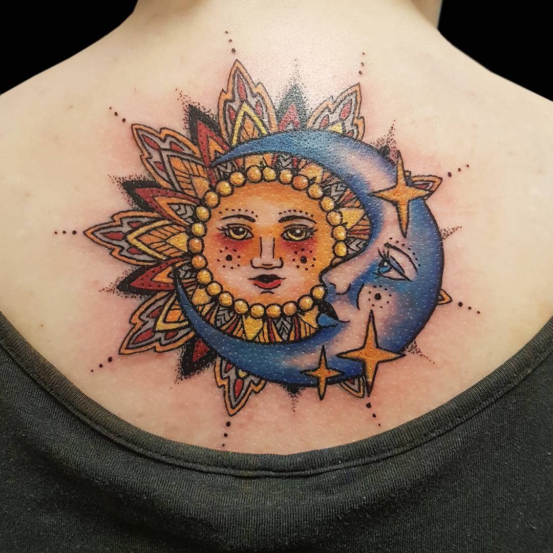 Sun design for Katie to match the moon I did for her last time thanks gal  neotraditional traditiona  Sun designs Traditional tattoo flash Traditional  tattoo