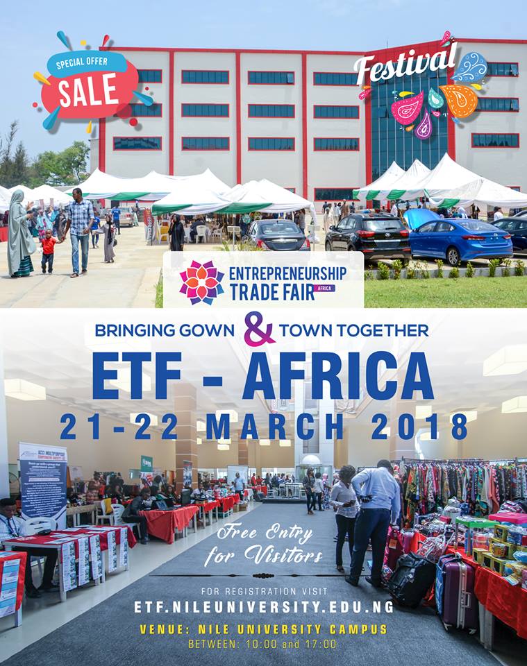 nticedung's tweet photo. You are invited to Nile University of Nigeria's annual Entrepreneurship Trade Fair 2018. 
About 5000 visitors &amp; 130 companies are being expected. 
Entry is free for visitors. 
For more inquiries, &amp; company registration, call: +234 813 918 0312 or visit: https://t.co/NdkK7L9ILa https://t.co/kNNBAAnpNG