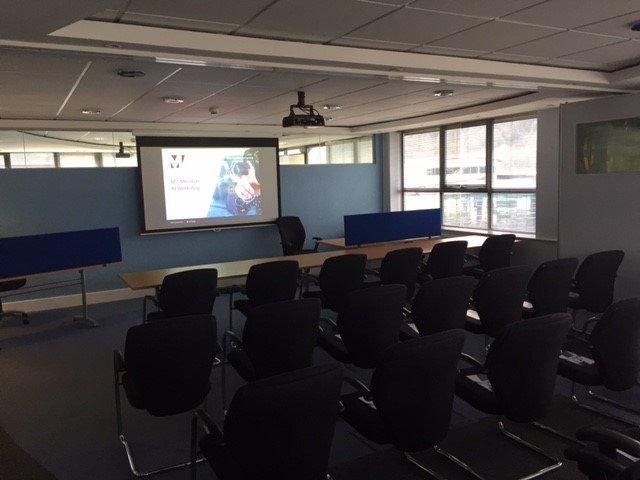Meridian_IT_UK's tweet photo. @m7msuk Getting ready for our first arrivals at the Artifical Intelligence AI workshop today in Cardiff. @weathercompany @MangoTheCat https://t.co/8CvYg8bXHg