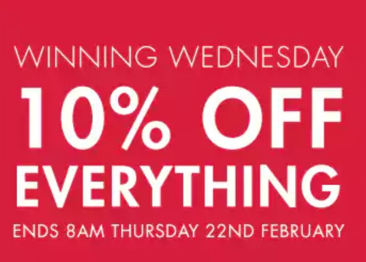 Belfast0012's tweet photo. Don't forget today is Winning Wednesday!! Pop down to our castle court store for 10% off everything! 🤗 @TPSPeople #midweeksavings #whynottreatyourself #wednesdaythoughts https://t.co/Zp07RDfAhd