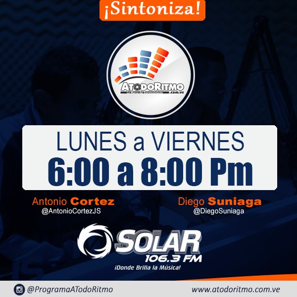 diegosuniaga's tweet photo. Te invitamos a escuchar nuestro programa radial #ATodoRitmo  https://t.co/60j1jgqoiz  con @AntonioCortezJS &amp; @DiegoSuniaga por @solar1063  #radio #Musica #Entretenimiento #Entrevista #puertolacruz #Barcelona #Lecheria #Vzla https://t.co/FxdL8gP2gy
 https://t.co/84Xs8cytr3