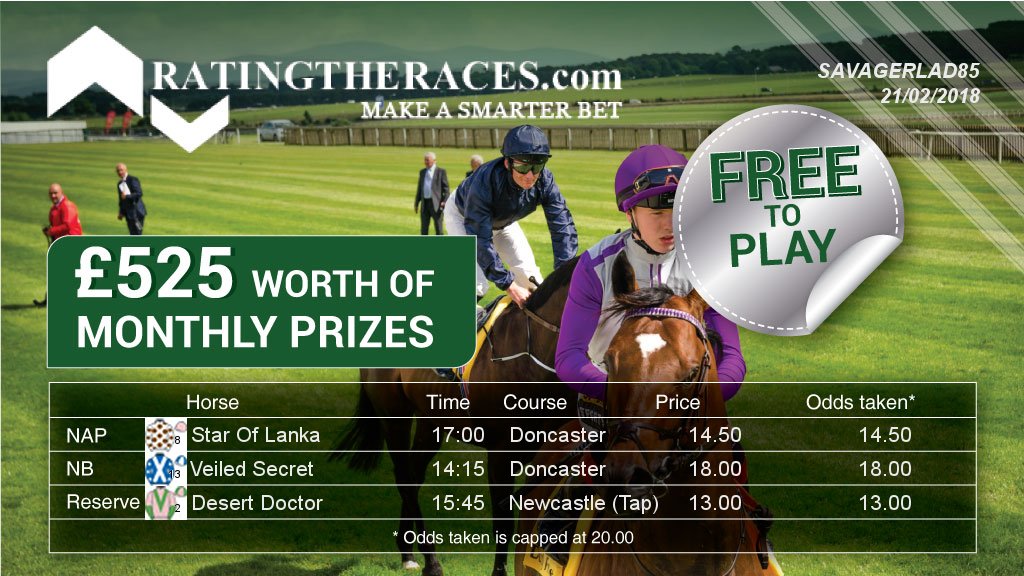 SavagerLad85's tweet photo. My #RTRNaps are Star Of Lanka @ 17:00 &amp; Veiled Secret @ 14:15 - Sponsored by @RatingTheRaces https://t.co/QJ5RPPJX5h
