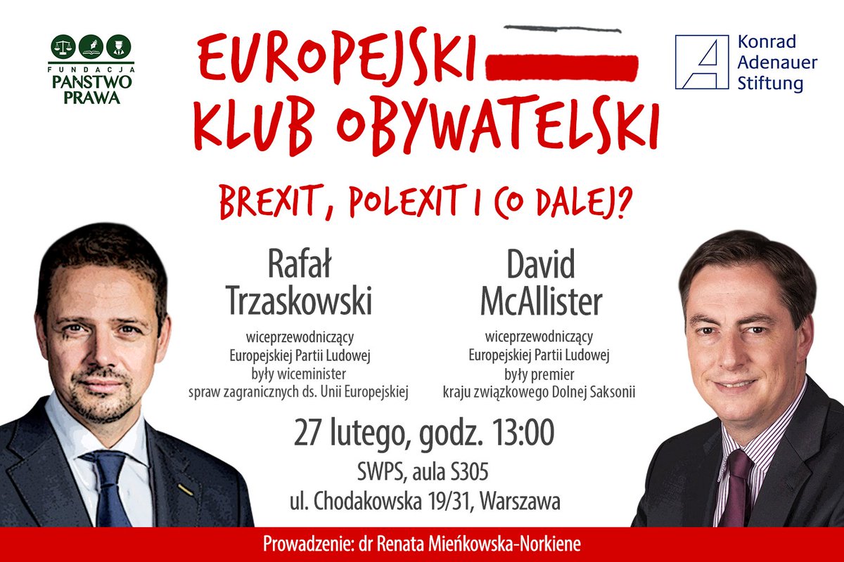 IObywatelski's tweet photo. 27 lutego pierwszy Europejski @K_Obywatelski. Zapraszamy na debatę - otwarty wykład o przyszłości #UE. Na Wasze pytania odpowiedzą @trzaskowski_ i @davidmcallister, szef komisji spraw zagranicznych #EuropeanParliament. Zaczynamy o 13.00 na Uniwersytecie #SWPS. @panstwo_prawa https://t.co/OzEqZG0NhE