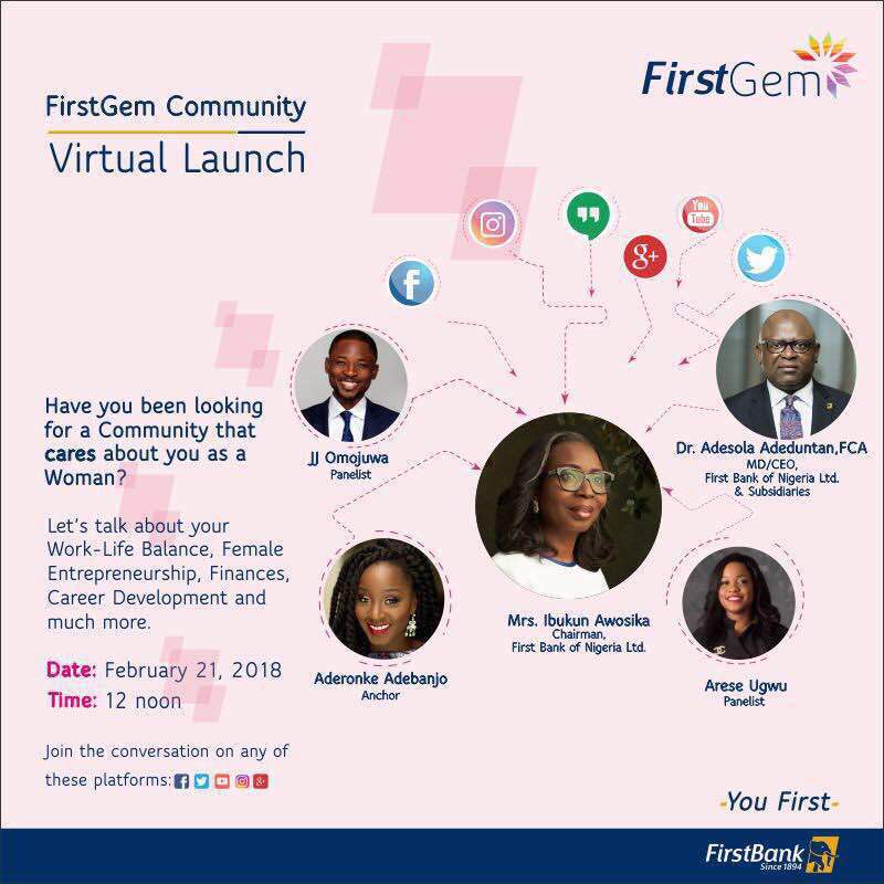 SmileyyTravels's tweet photo. Yaay!! Less than five minutes to go! Join us on Facebook live @firstbankofnigeria Instagram live, @firstbanknigeria, YouTube @firstbankngr and Periscope @firstbankngr to be a part of the #FirstGemVirtualLaunch conversation starting at noon.
#FirstGemisLive #YouFirst https://t.co/TegbEPK6Be